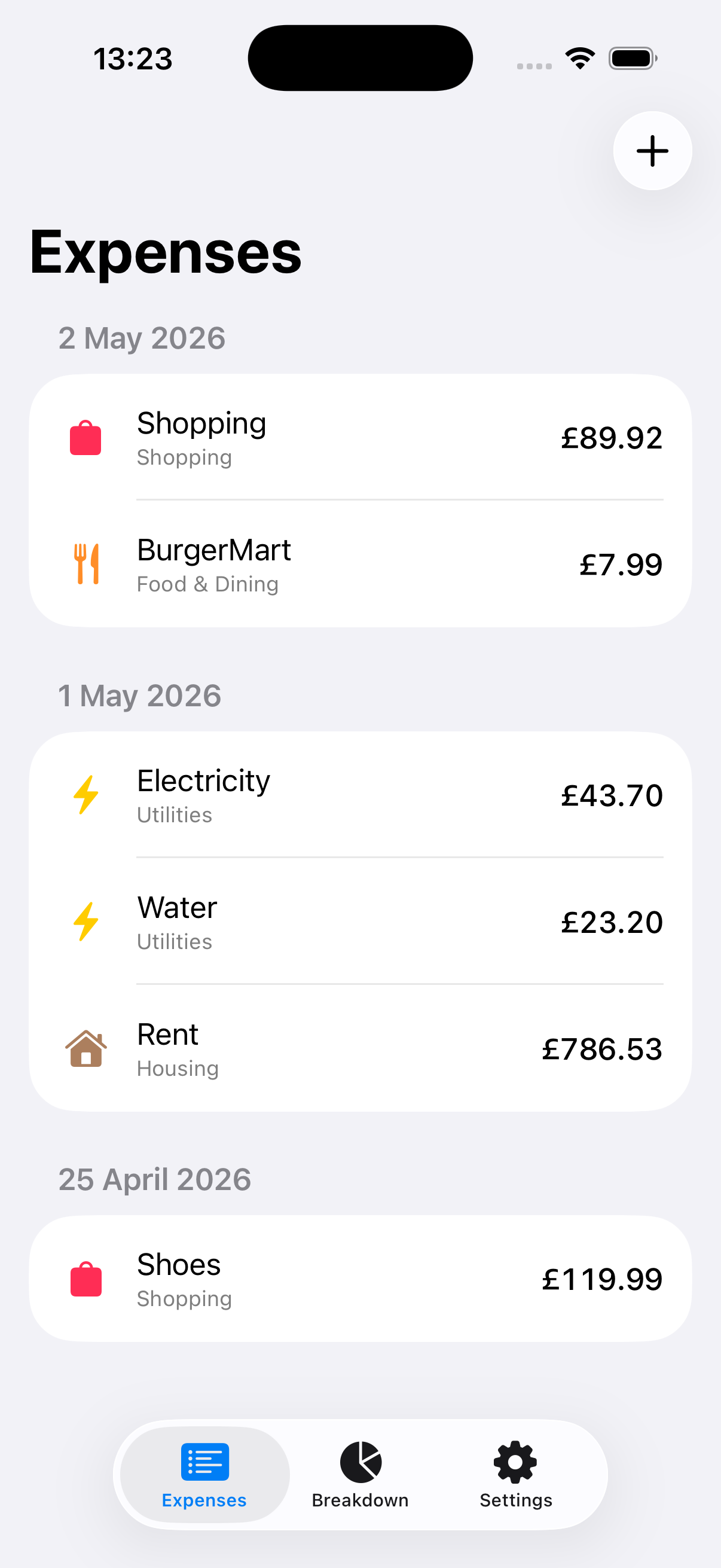 SpendIt Tracker expenses list